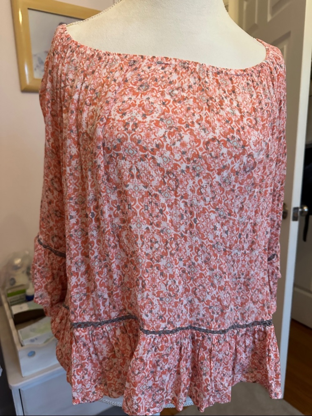 Democracy Coral Floral  boho style 3/4 Tunic size large